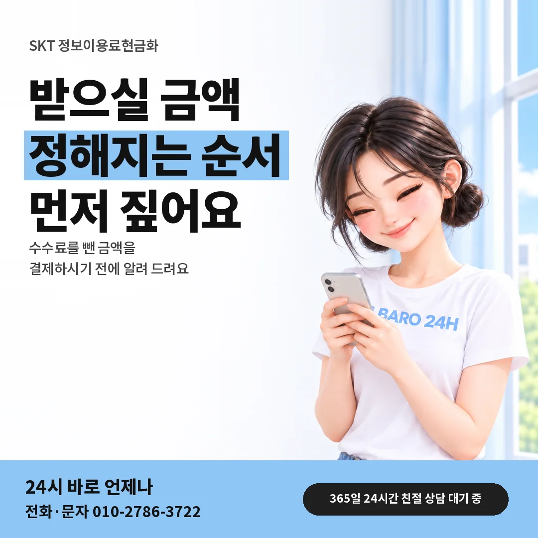 BARO 24H 티셔츠를 입은 3D 인물 옆에 「SKT 정보이용료현금화 금액 순서」 제목을 얹은 안내 카드
