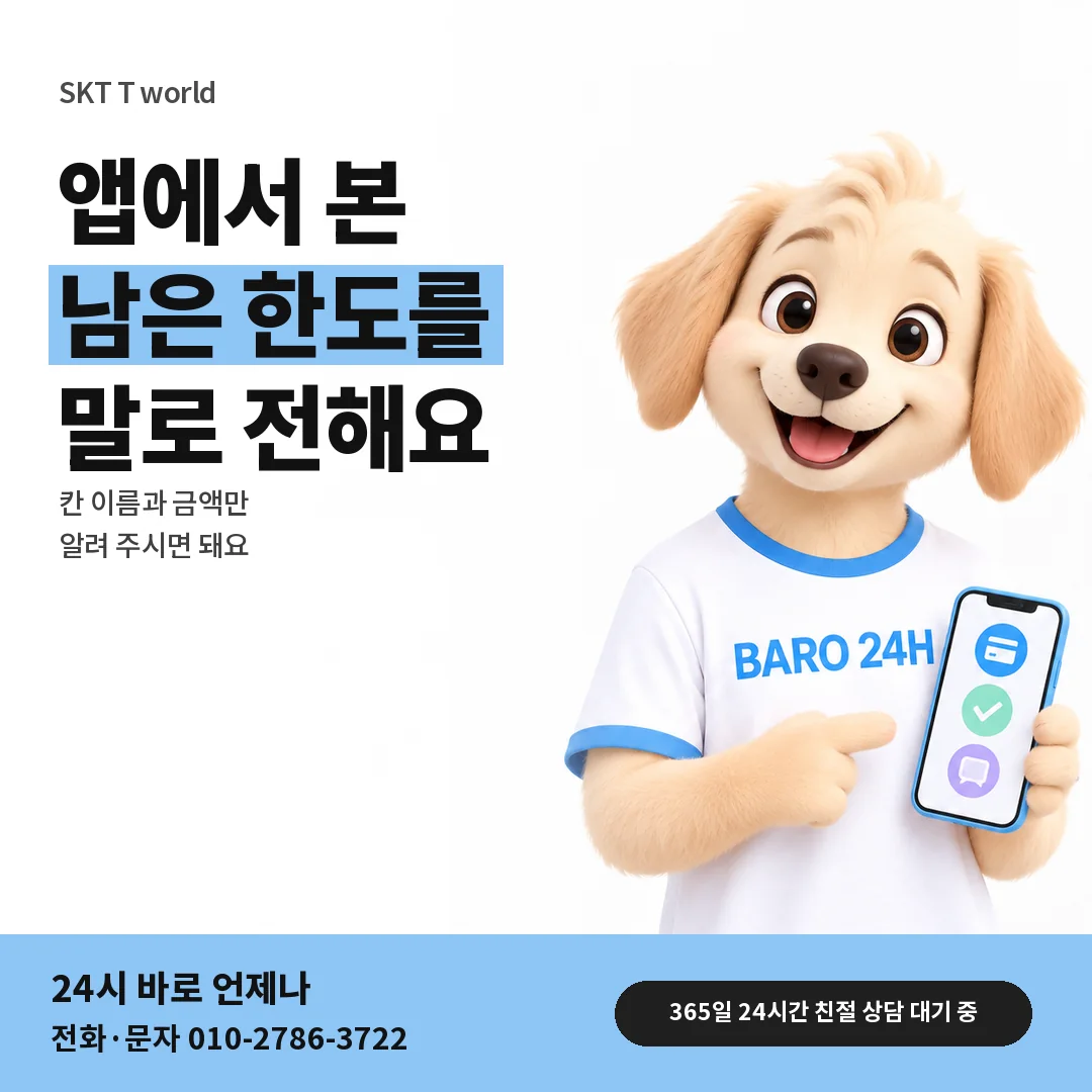 BARO 24H 티셔츠를 입은 3D 동물 캐릭터 옆에 「SKT 앱으로 남은 한도 확인」 제목을 얹은 안내 카드