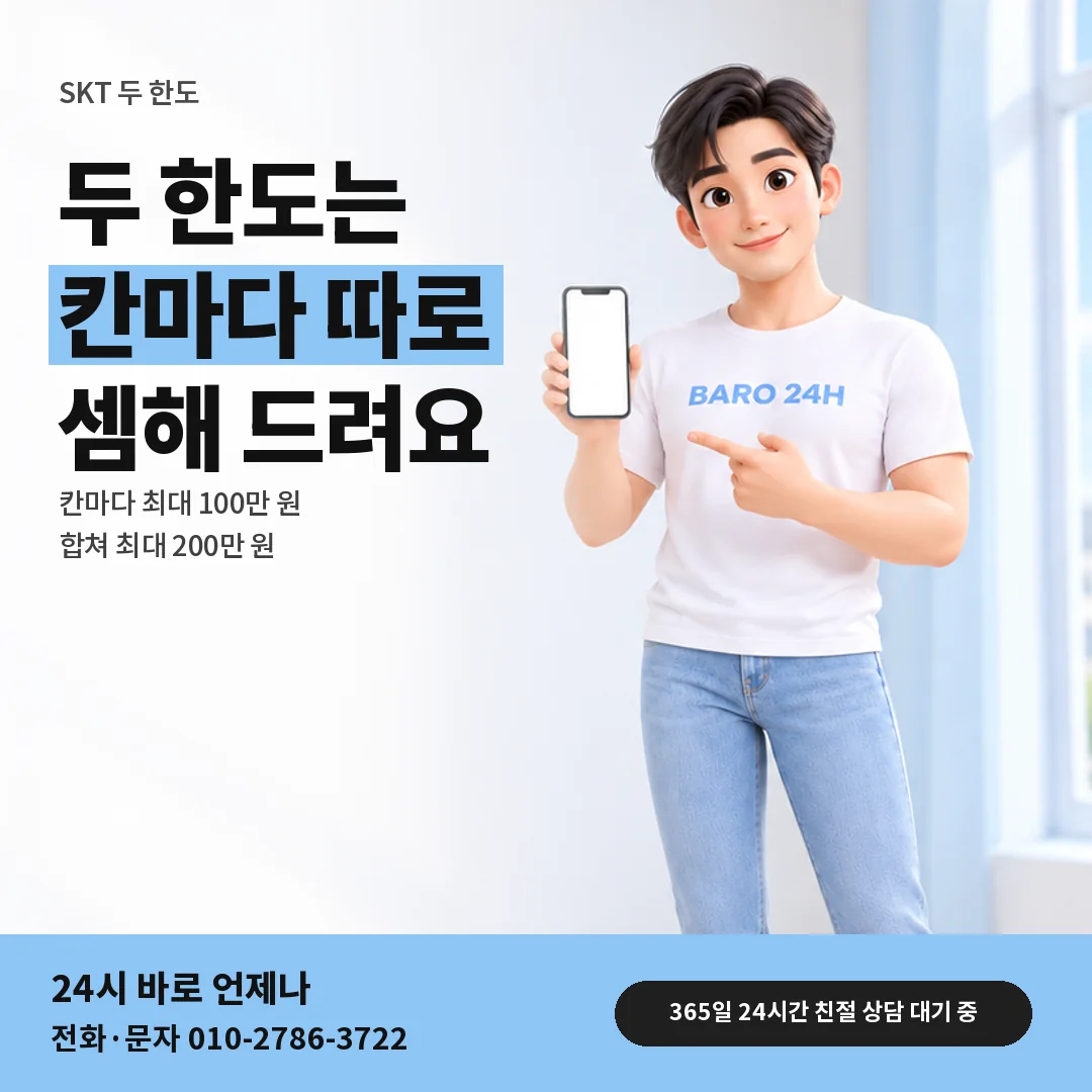 휴대폰을 보며 웃는 BARO 24H 티셔츠를 입은 3D 인물 옆에 「SKT 두 한도 각각 셈하기」 제목을 얹은 안내 카드